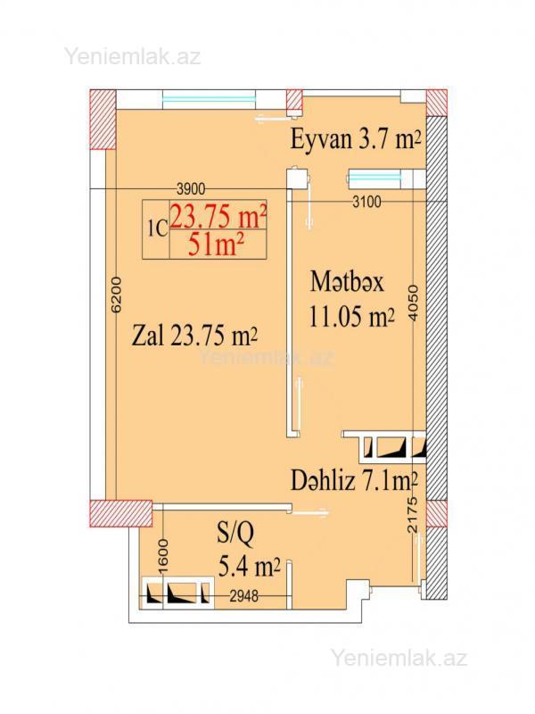 1-room new-build apartment for sale in Binəqədi Park Residence, 51 m², 84 900 AZN, photo 5 / 7
